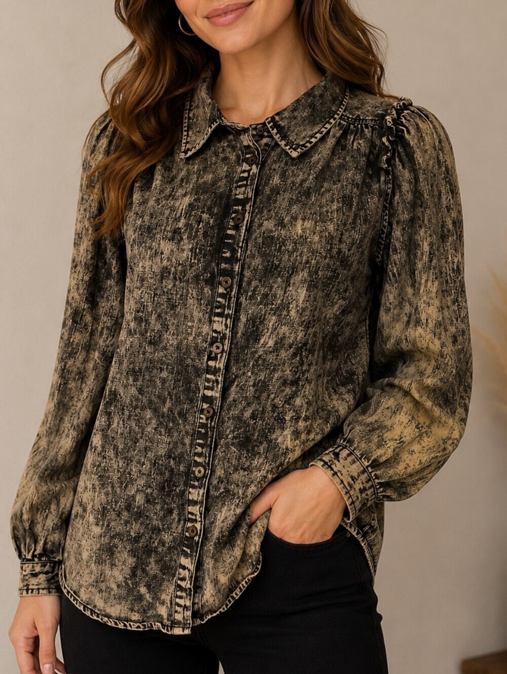 AARON & AMBER Black Stonewash Ruffle Long Sleeve Button-Up Blouse
